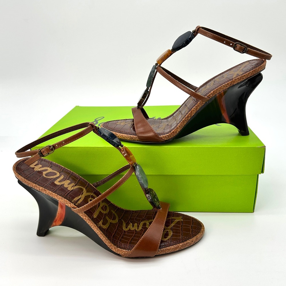Strappy Wedge Sandals Sam Edelman Massey Womens Size 8 Cognac Leather Stones NEW